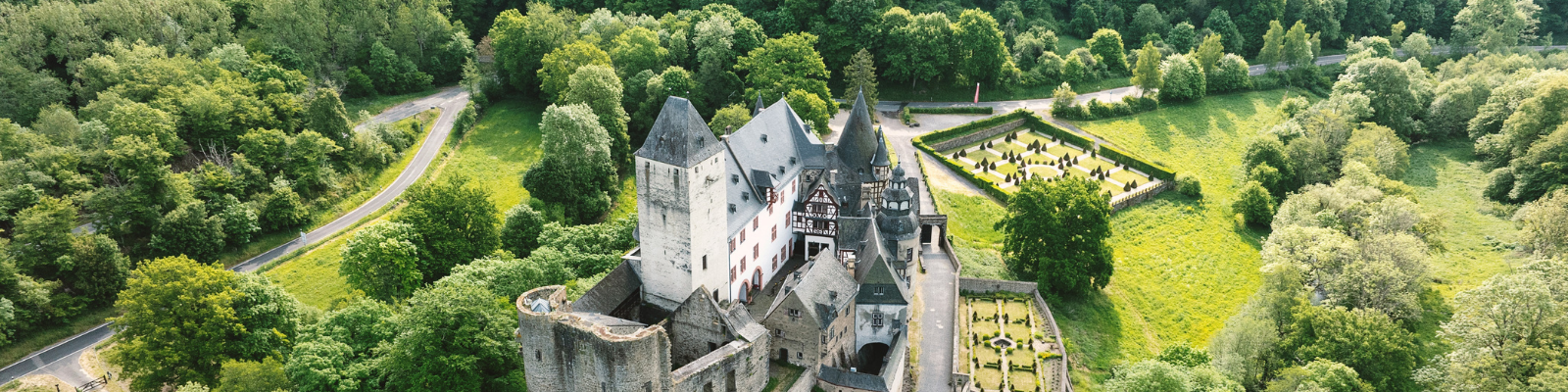 Luftaufnahme Schloss Bürresheim mit Bäumen drumherum