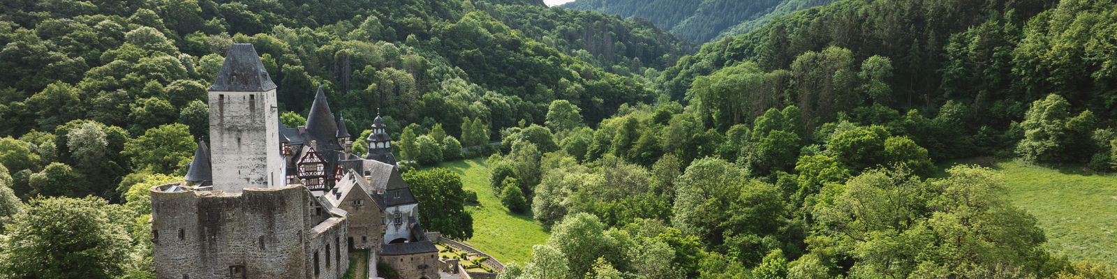 Schloss Bürresheim mit Blick in die hügelige Waldlandschaft