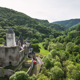 Schloss Bürresheim mit Blick in die hügelige Waldlandschaft