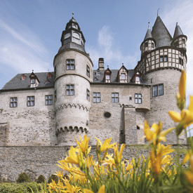 Schloss Bürresheim mit Blumen im Vordergrund